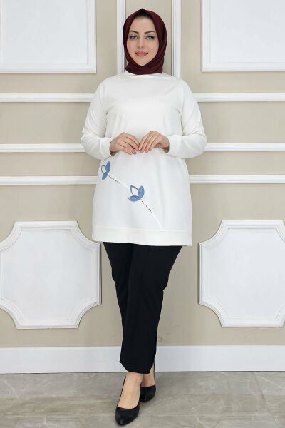 PYS KADIN ÇİÇEK DİKME DETAYLI TESETTÜR TUNİK EKRU - 4 BEDEN