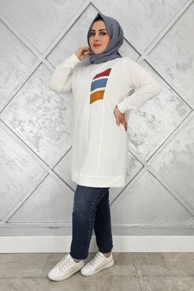 KADIN PARAŞÜT KUMAŞ KOMBİNLİ TESETTÜR TUNİK EKRU - 3XL