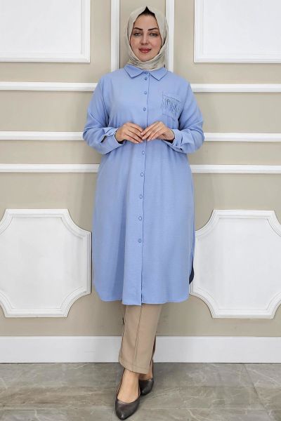 PYS KADIN CEBİ PÜSKÜL DETAYLI TESETTÜR GÖMLEK MAVİ - 4 BEDEN