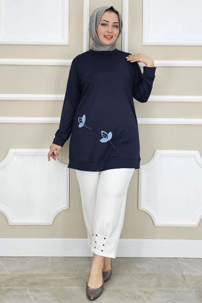 PYS KADIN ÇİÇEK DİKME DETAYLI TESETTÜR TUNİK LACİVERT - 2 BEDEN