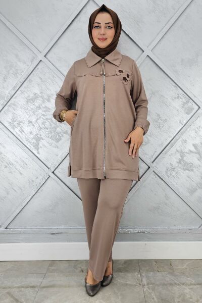 KADIN FERMUARLI ÇİÇEK DETAYLI TESETTÜR TAKIM VİZON - 3 BEDEN