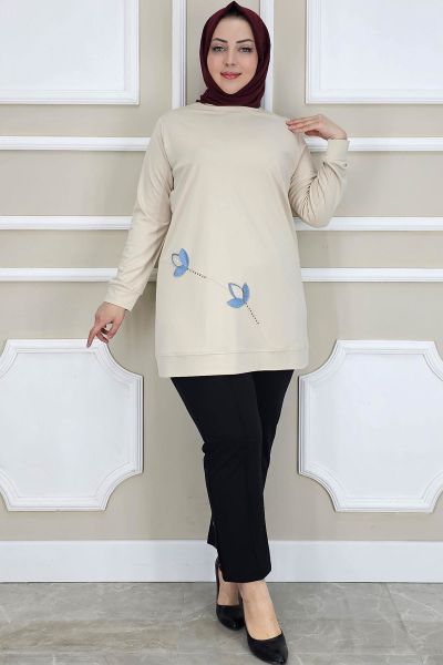 PYS KADIN ÇİÇEK DİKME DETAYLI TESETTÜR TUNİK BEJ - 2 BEDEN