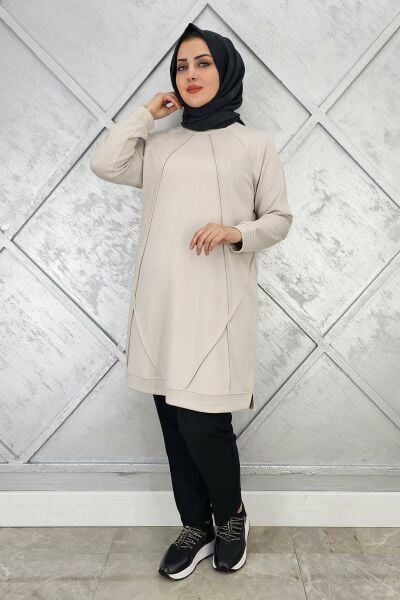 KADIN NERVÜR DİKİM TESETTÜR TUNİK BEJ - 5 BEDEN