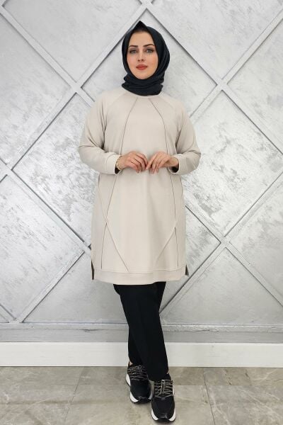 KADIN NERVÜR DİKİM TESETTÜR TUNİK BEJ - 5 BEDEN