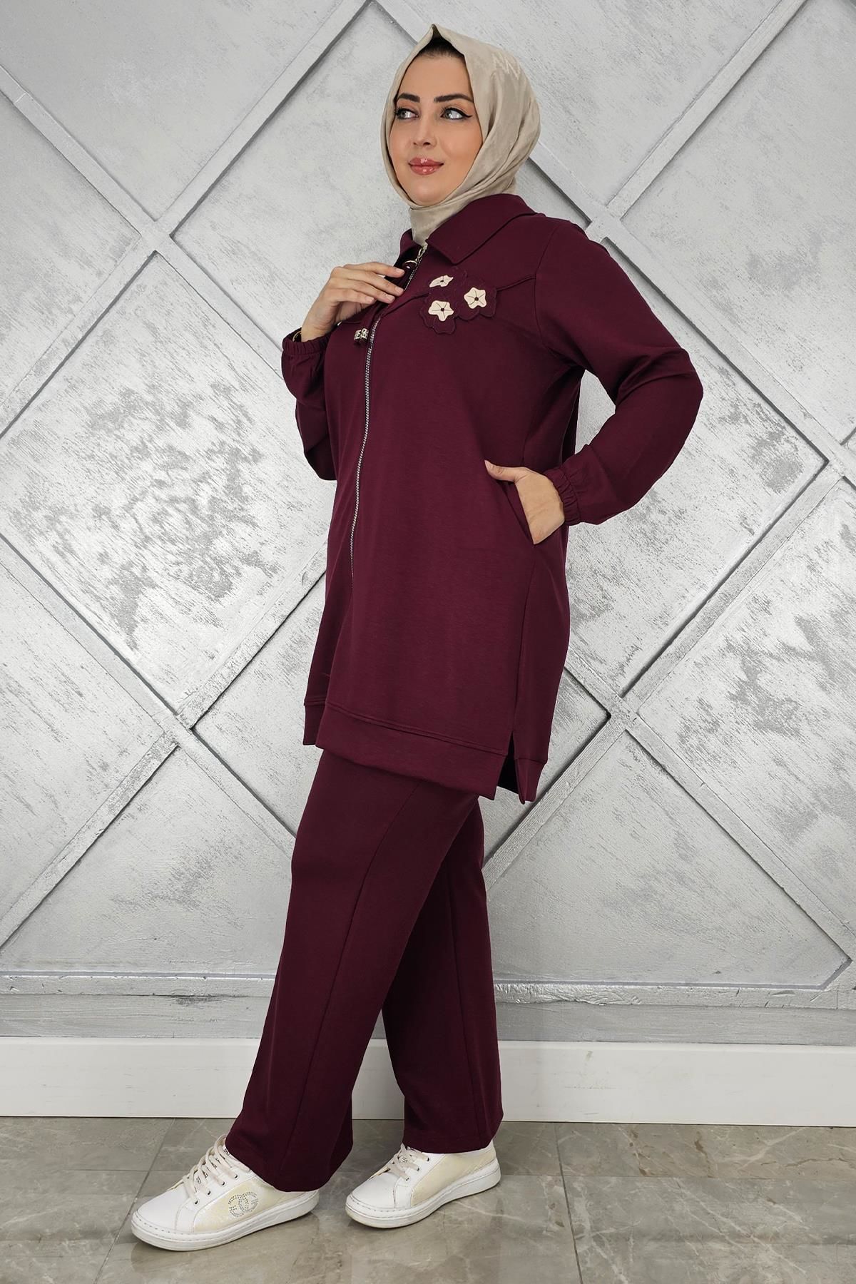 KADIN FERMUARLI ÇİÇEK DETAYLI TESETTÜR TAKIM BORDO - 3 BEDEN