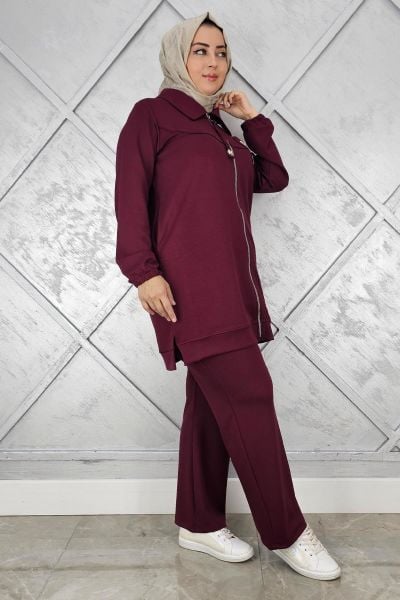 KADIN FERMUARLI ÇİÇEK DETAYLI TESETTÜR TAKIM BORDO - 3 BEDEN