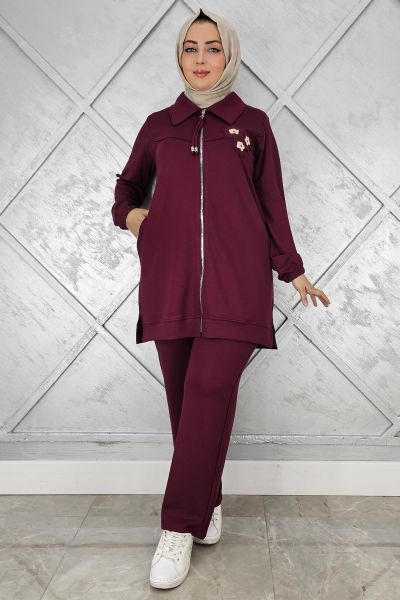 KADIN FERMUARLI ÇİÇEK DETAYLI TESETTÜR TAKIM BORDO - 3 BEDEN