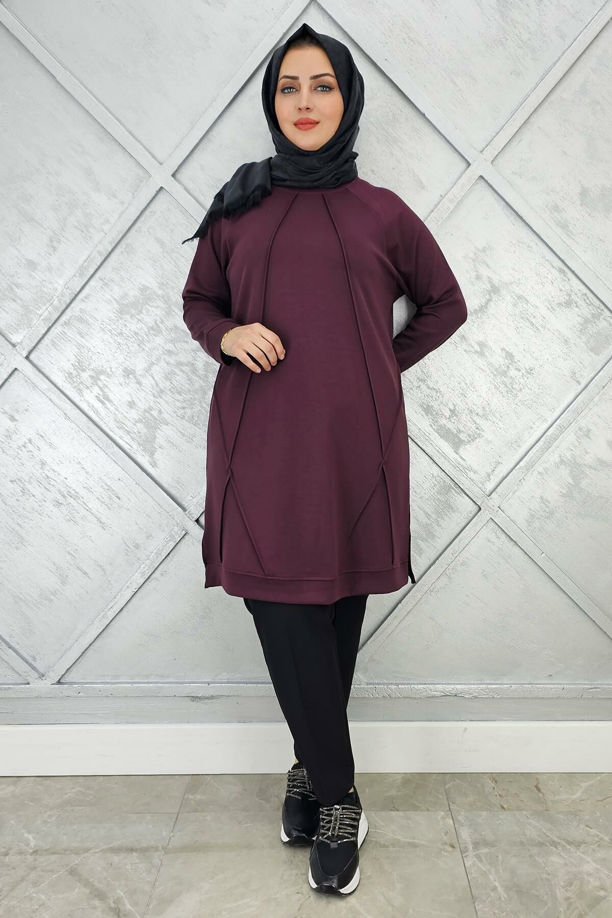 KADIN NERVÜR DİKİM TESETTÜR TUNİK BORDO - 5 BEDEN