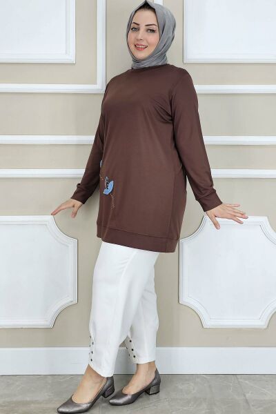 PYS KADIN ÇİÇEK DİKME DETAYLI TESETTÜR TUNİK KAHVERENGİ - 2 BEDEN