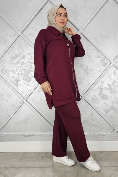 KADIN FERMUARLI ÇİÇEK DETAYLI TESETTÜR TAKIM BORDO - 4 BEDEN