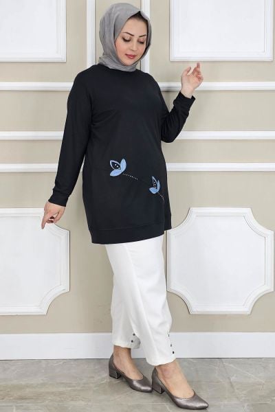 PYS KADIN ÇİÇEK DİKME DETAYLI TESETTÜR TUNİK SİYAH - 2 BEDEN