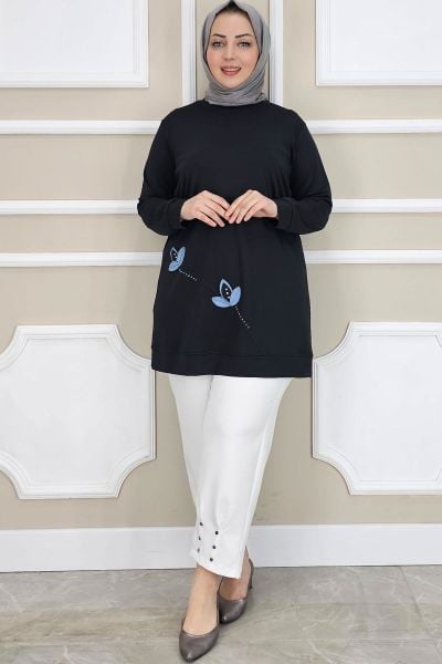 PYS KADIN ÇİÇEK DİKME DETAYLI TESETTÜR TUNİK SİYAH - 2 BEDEN