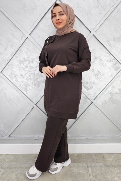 KADIN FİYONK DETAYLI TESETTÜR TAKIM KAHVERENGİ - 2XL