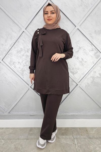 KADIN FİYONK DETAYLI TESETTÜR TAKIM KAHVERENGİ - 2XL