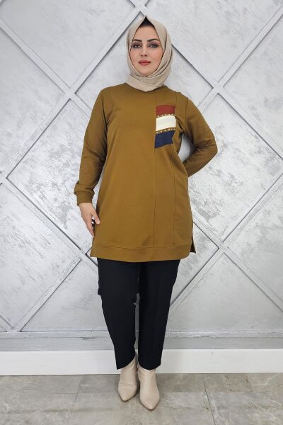 KADIN PARAŞÜT KUMAŞ KOMBİNLİ TESETTÜR TUNİK YAĞ YEŞİLİ - 2XL