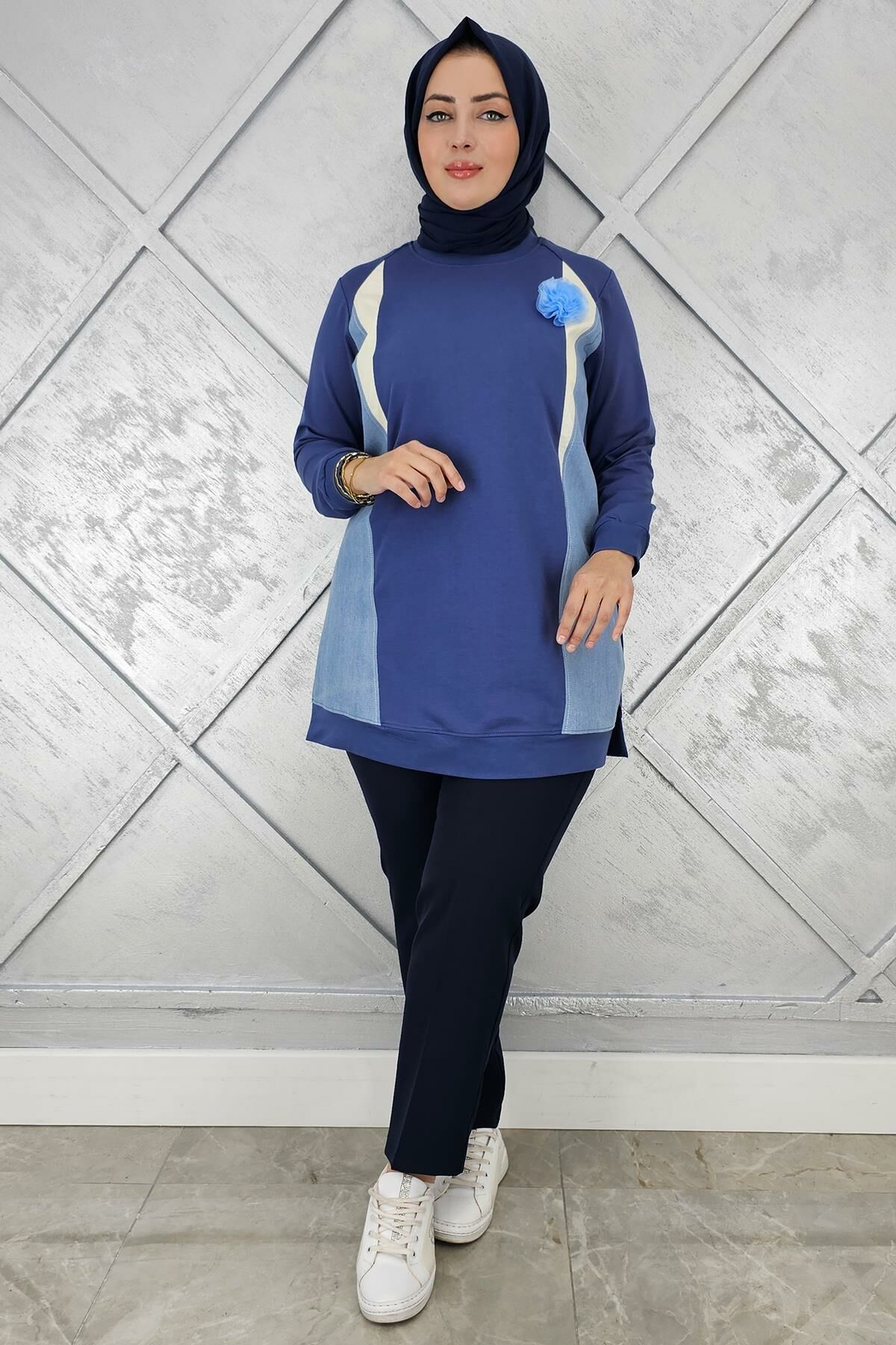 KADIN KOMBİNLİ TÜL ÇİÇEK DETAYLI TESETTÜR TUNİK