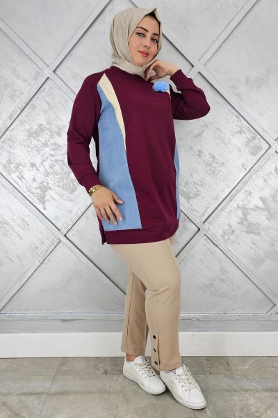 KADIN KOMBİNLİ TÜL ÇİÇEK DETAYLI TESETTÜR TUNİK BORDO - 2 BEDEN