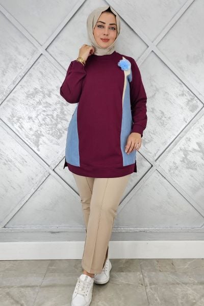 KADIN KOMBİNLİ TÜL ÇİÇEK DETAYLI TESETTÜR TUNİK BORDO - 2 BEDEN