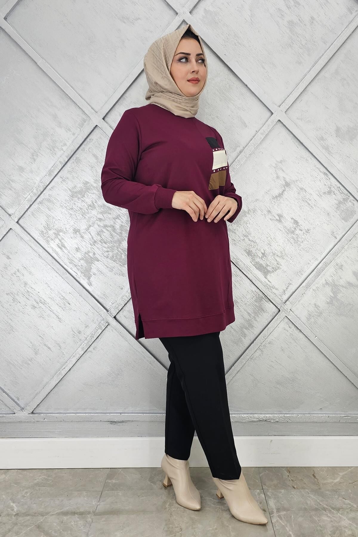 KADIN PARAŞÜT KUMAŞ KOMBİNLİ TESETTÜR TUNİK BORDO - 2XL