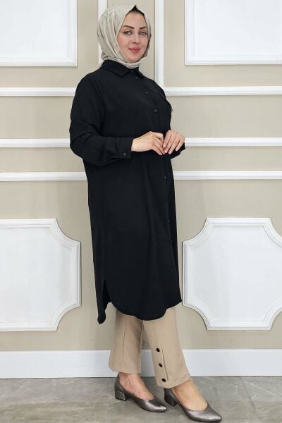 PYS KADIN CEBİ PÜSKÜL DETAYLI TESETTÜR GÖMLEK SİYAH - 2 BEDEN