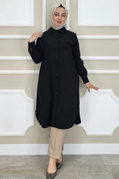 PYS KADIN CEBİ PÜSKÜL DETAYLI TESETTÜR GÖMLEK SİYAH - 2 BEDEN