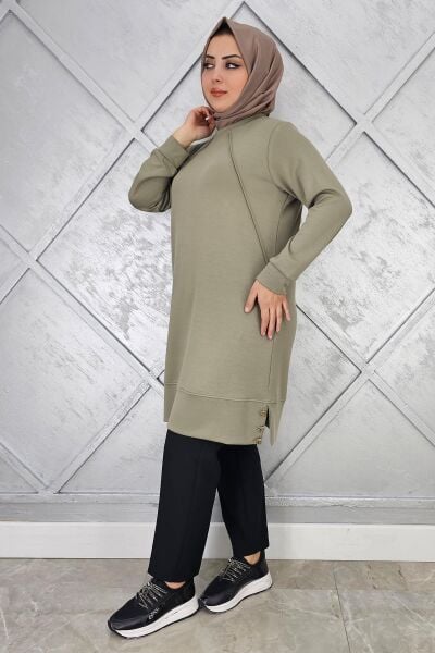 KADIN NERVÜR DİKİM DÜĞME DETAYLI TESETTÜR TUNİK HAKİ - 4 BEDEN