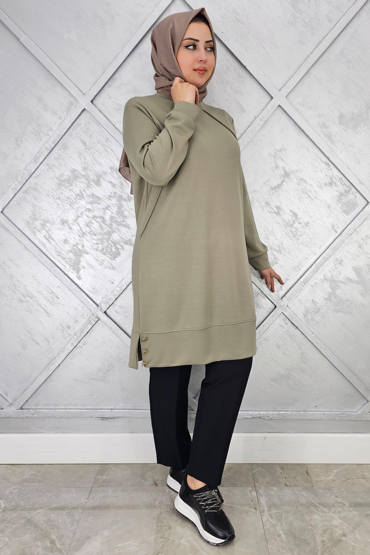 KADIN NERVÜR DİKİM DÜĞME DETAYLI TESETTÜR TUNİK HAKİ - 2 BEDEN