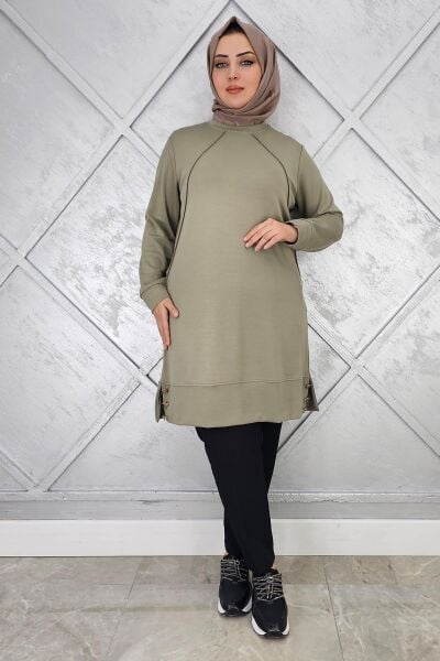 KADIN NERVÜR DİKİM DÜĞME DETAYLI TESETTÜR TUNİK HAKİ - 2 BEDEN