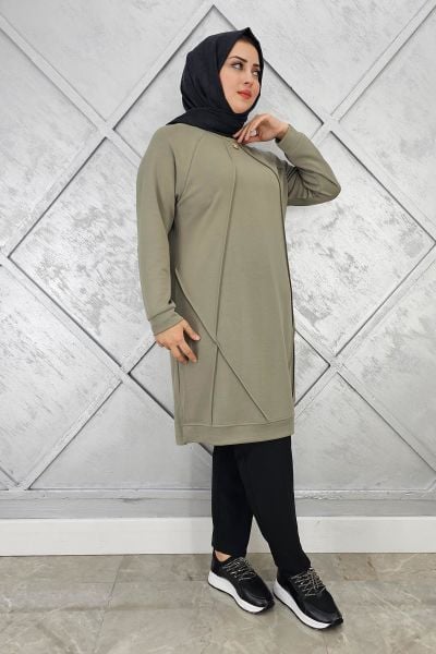 KADIN NERVÜR DİKİM TESETTÜR TUNİK HAKİ - 4 BEDEN