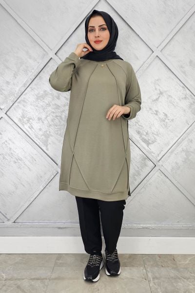 KADIN NERVÜR DİKİM TESETTÜR TUNİK HAKİ - 4 BEDEN