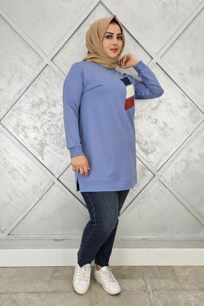 KADIN PARAŞÜT KUMAŞ KOMBİNLİ TESETTÜR TUNİK MAVİ - 2XL