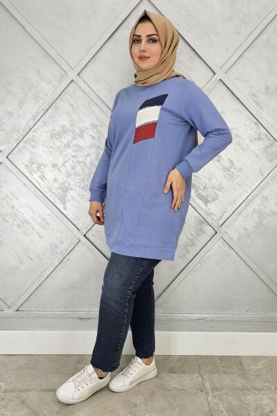 KADIN PARAŞÜT KUMAŞ KOMBİNLİ TESETTÜR TUNİK MAVİ - 2XL