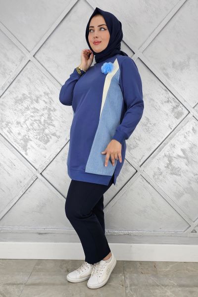 KADIN KOMBİNLİ TÜL ÇİÇEK DETAYLI TESETTÜR TUNİK İNDİGO - 5 BEDEN