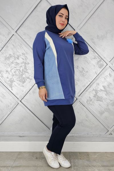 KADIN KOMBİNLİ TÜL ÇİÇEK DETAYLI TESETTÜR TUNİK İNDİGO - 5 BEDEN