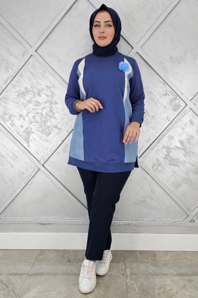 KADIN KOMBİNLİ TÜL ÇİÇEK DETAYLI TESETTÜR TUNİK İNDİGO - 5 BEDEN