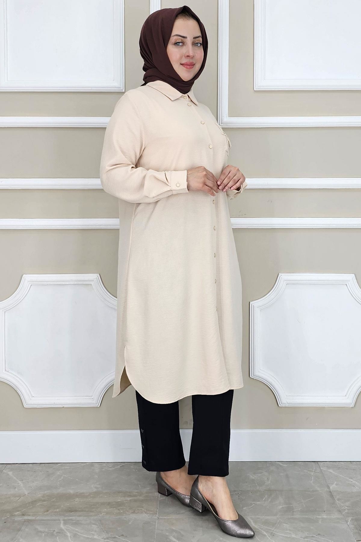 PYS KADIN CEBİ PÜSKÜL DETAYLI TESETTÜR GÖMLEK TAŞ - 2 BEDEN