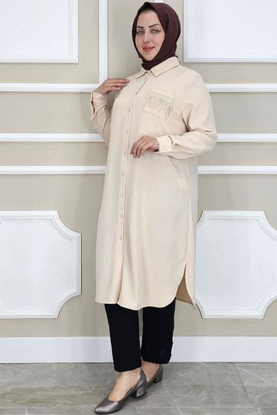 PYS KADIN CEBİ PÜSKÜL DETAYLI TESETTÜR GÖMLEK TAŞ - 2 BEDEN