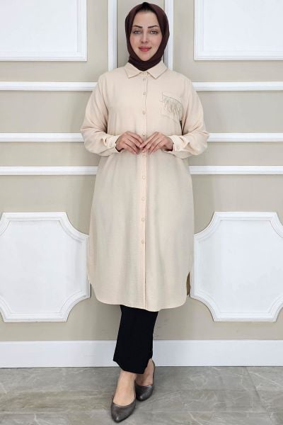 PYS KADIN CEBİ PÜSKÜL DETAYLI TESETTÜR GÖMLEK TAŞ - 2 BEDEN