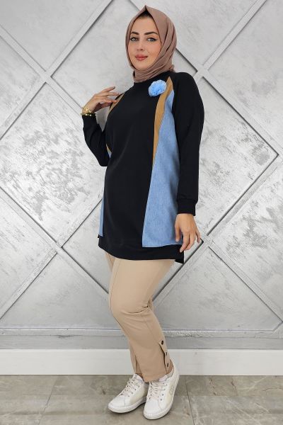 KADIN KOMBİNLİ TÜL ÇİÇEK DETAYLI TESETTÜR TUNİK SİYAH - 5 BEDEN