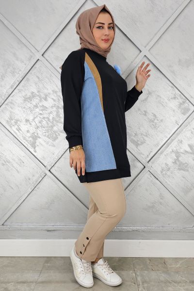 KADIN KOMBİNLİ TÜL ÇİÇEK DETAYLI TESETTÜR TUNİK SİYAH - 5 BEDEN