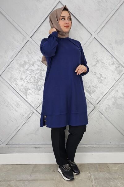 KADIN NERVÜR DİKİM DÜĞME DETAYLI TESETTÜR TUNİK İNDİGO - 4 BEDEN
