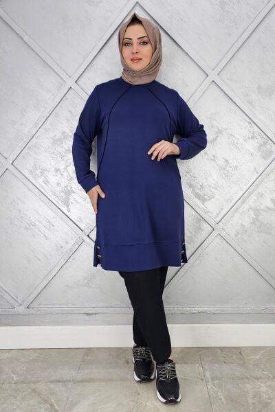 KADIN NERVÜR DİKİM DÜĞME DETAYLI TESETTÜR TUNİK İNDİGO - 4 BEDEN