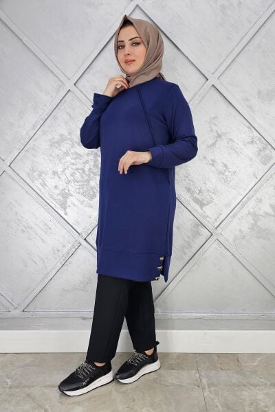 KADIN NERVÜR DİKİM DÜĞME DETAYLI TESETTÜR TUNİK İNDİGO - 4 BEDEN