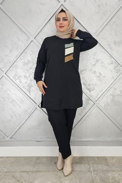 KADIN PARAŞÜT KUMAŞ KOMBİNLİ TESETTÜR TUNİK SİYAH - XL