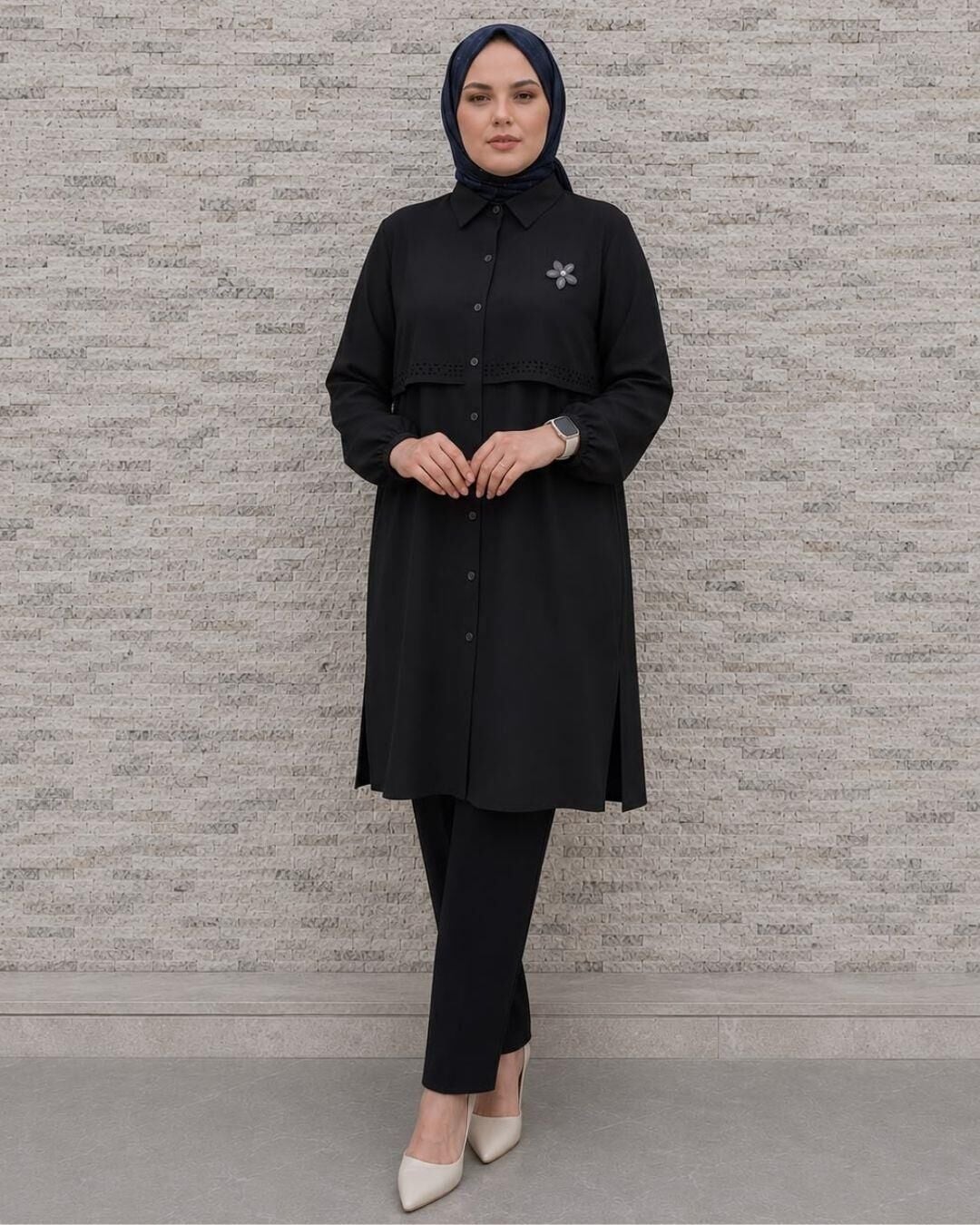 KADIN DİKME DETAYLI TESETTÜR GÖMLEK SİYAH - 3 BEDEN