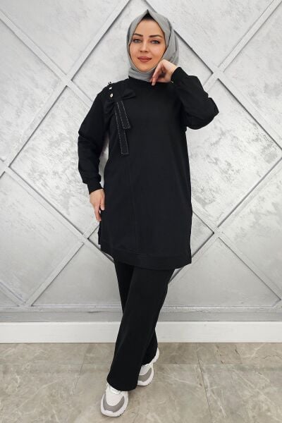 KADIN FİYONK DETAYLI TESETTÜR TAKIM SİYAH - L