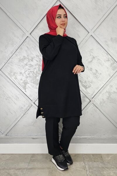 KADIN NERVÜR DİKİM DÜĞME DETAYLI TESETTÜR TUNİK SİYAH - 4 BEDEN