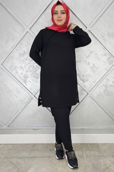 KADIN NERVÜR DİKİM DÜĞME DETAYLI TESETTÜR TUNİK SİYAH - 4 BEDEN