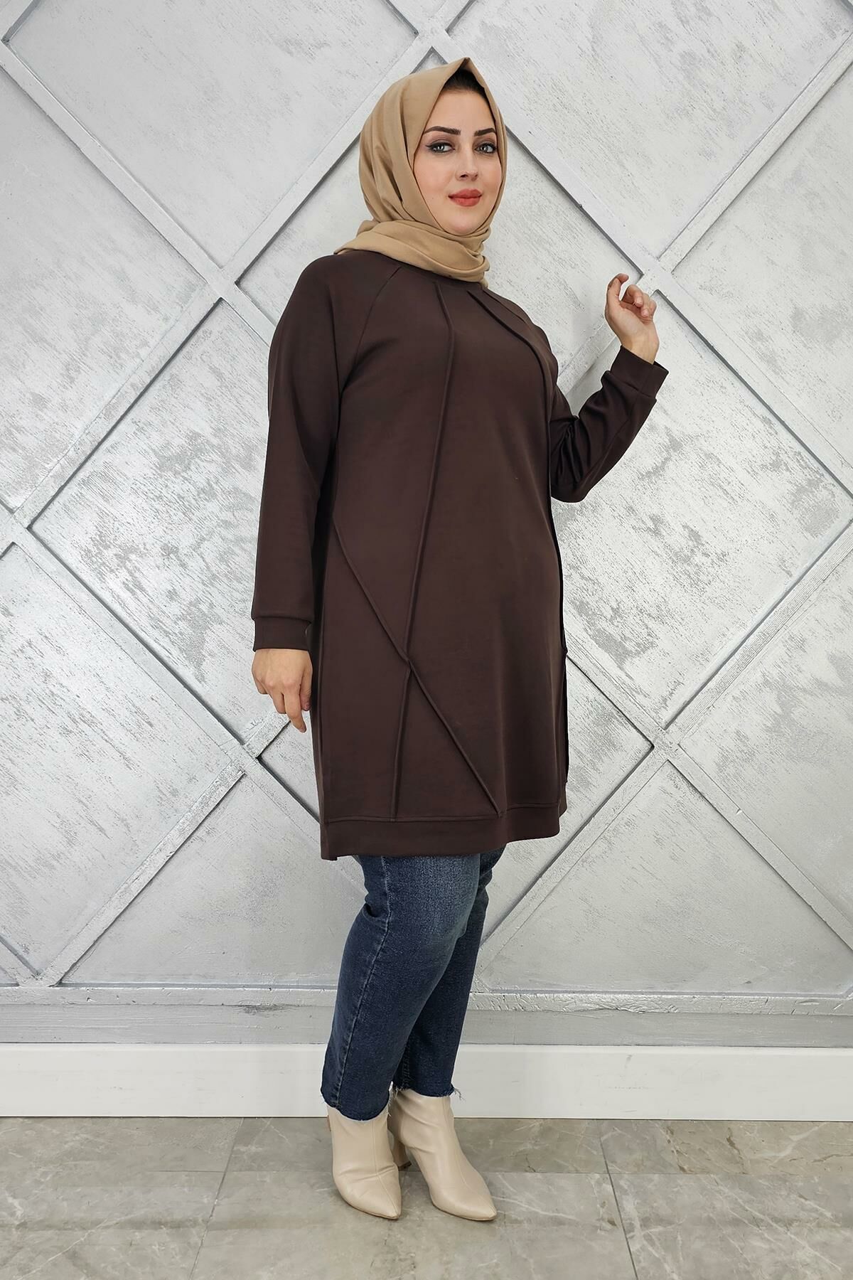 KADIN NERVÜR DİKİM TESETTÜR TUNİK KAHVERENGİ - 5 BEDEN