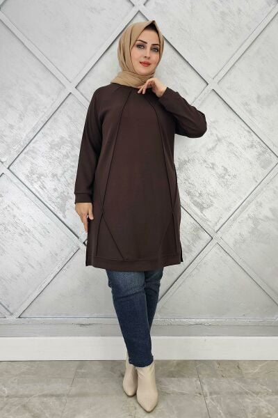 KADIN NERVÜR DİKİM TESETTÜR TUNİK KAHVERENGİ - 5 BEDEN